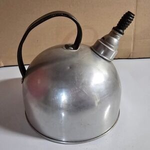 Vintage Aluminum Whistling Tea Kettle Mid Century Stovetop Kettle Black Handle